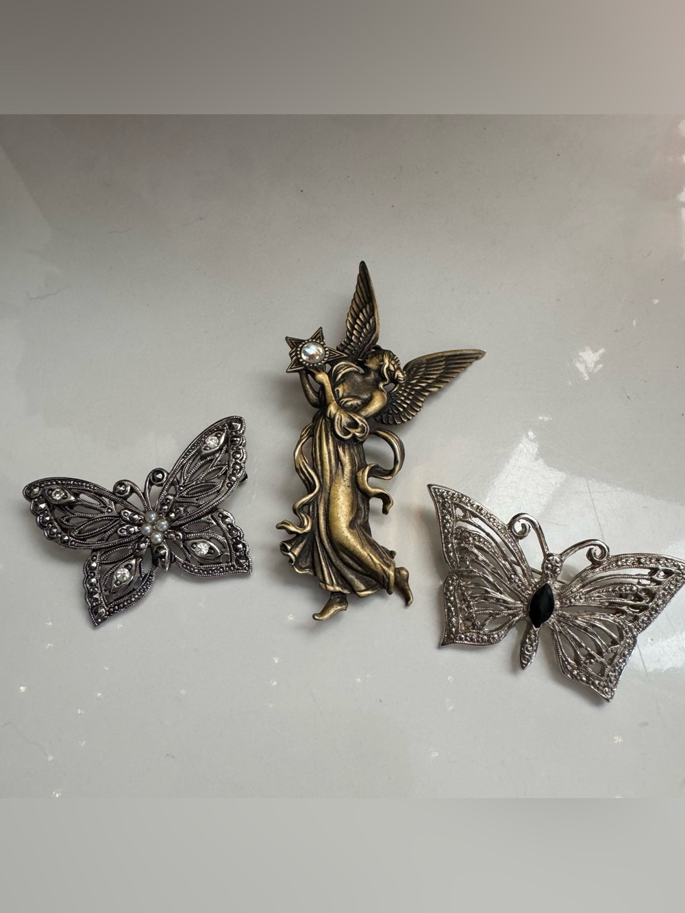 Vintage JJ Angel Fairy Brooch + Avon Butterfly + Unmarked Butterfly Pin Lot